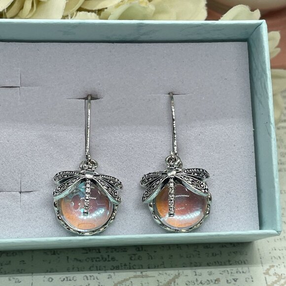 Silver plate Iridescent Dragonfly Wire Opal Earrings Fall Gift Mom Birthday Wife - Picture 6 of 16